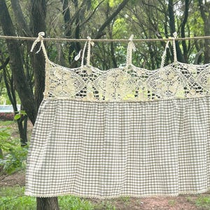 Plaid Light Brown Gingham Cafe Curtains, Lace-up Farmhouse Checkered Panel Cotton Linen Curtains, Window Treatments, Custom Curtains Sizes