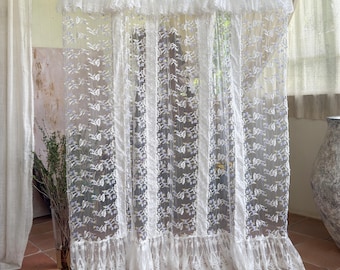 Victorian White Ruffled Lace Flower Curtains, Shabby Chic French Country Cottage Core Decor, Farmhouse Light Filtering Kitchen Curtains