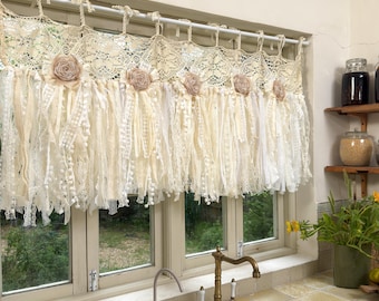 Rustic Shabby Chic Boho Window Curtains Valance, Beige White Crochet Lace Cafe Curtain, Farmhouse Country Kitchen Curtains, H-25inch (63cm)