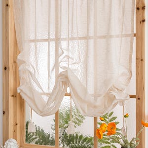 Countryside Farmhouse Pull-Up Curtains, Adjustable Tie-Up Curtain, Custom Kitchen Half Curtain, Bedroom and Living Room Sheer Linen Curtains