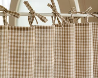 Light Brown Gingham Cafe Curtains, Small Window Farmhouse Country Cotton Linen Kitchen Short Curtains with Tie Tops, Cabinet Shelf Cover
