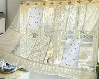 Vintage Handmade Patchwork Lace Curtain, Crochet Embroidered Floral Cottage Farmhouse Window Panel, Custom Boho Curtain, Cafe Curtains