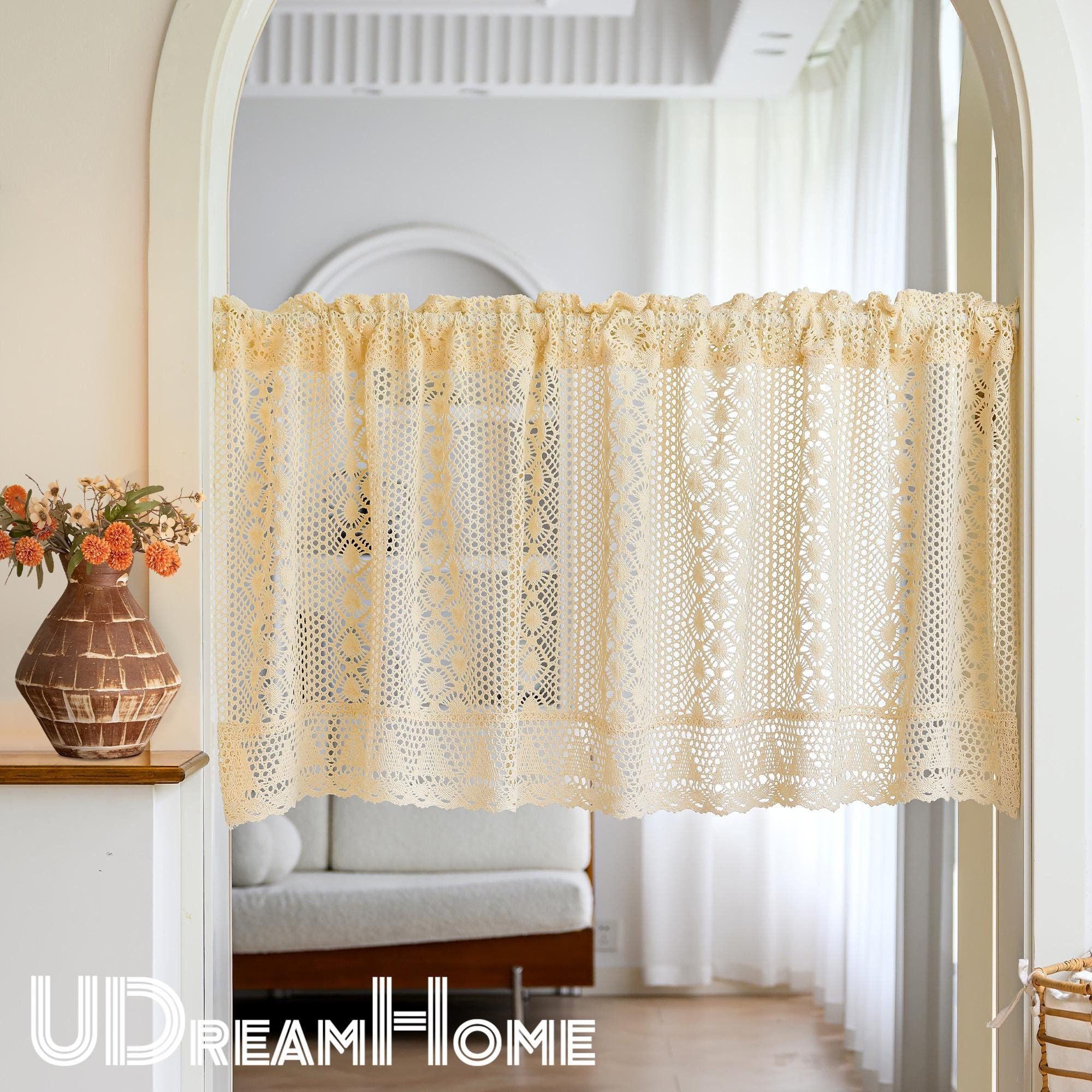 Vintage Country Crochet Short Curtains, Woven Flower Lace Half Curtains, Boho Chic Curtain, Farmhouse Light Filtering Kitchen Curtain, Gifts