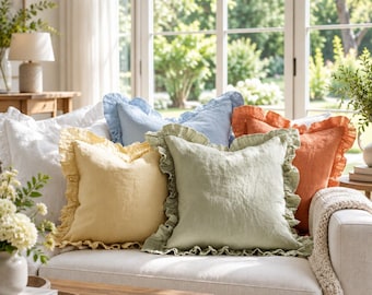 Linen Pillowcase With Ruffles, Custom-Sized All-Sided Sofa Ruffled Pillow Cover Shabby Chic Pillow Shams, Bedding Decorations, Tie Closure
