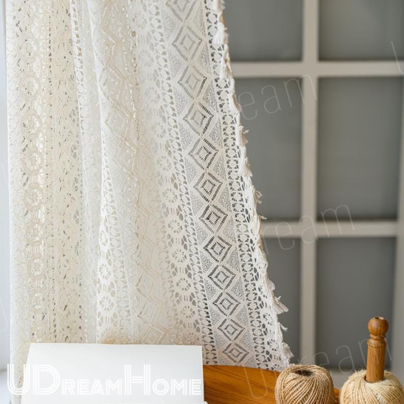 Cantonnière En Dentelle Beige Blanc Crochet Boho - Rideau De Fenêtre Rustique Avec Glands Pour Cuisine, Chambre Et Salon