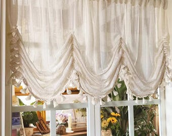 Farmhouse Pull-Up Curtain, Adjustable Tie-Up Curtain, Custom Kitchen Half Curtain, Bedroom and Living Room Sheer Linen Curtain, Custom Size