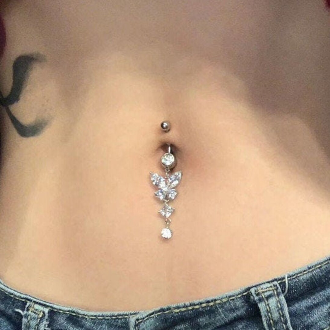Stainless Steel Pink Navel Piercing Jewelry 14k Solid Gold Dangle Butterfly Belly Button Ring, Gold Diamond
