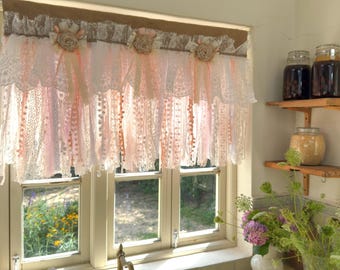 Rustic Unique Burlap White Beige Pink Lace Bedroom Window Valance,Farmhouse Country Kitchen Curtain, Shabby Chic Cafe Curtains, H-25in(63cm)
