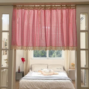 Green Gingham Crochet Cafe Curtains Valances with Lace, Farmhouse Country Kitchen Short Curtain, Cotton Linen Curtain, Custom Curtains Sizes image 6