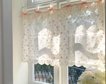 Tende da caffè rosa beige ricamate con piume, stile shabby chic francese, con mantovana in pizzo arricciato, altezza 65 cm (25 pollici)