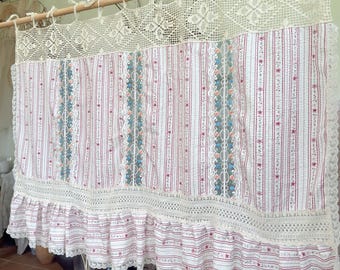 Vintage Red Stripes Handmade Patchwork Lace Curtain, Embroidered Floral Cottage Farmhouse Window Panel,Shabby Chic Lace Curtains,Custom Size