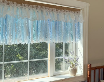 Custom Rustic Unique Burlap White Blue Lace Valance, New Farmhouse Country Kitchen Curtains, Shabby Chic Cafe Curtains, H-25inch (63cm)