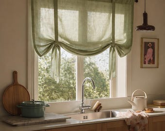 Adjustable Linen Tie-Up Curtain, Farmhouse Pull-Up Curtain, Kitchen Half Curtain, Bedroom and Living Room Linen Curtain, Custom Curtains
