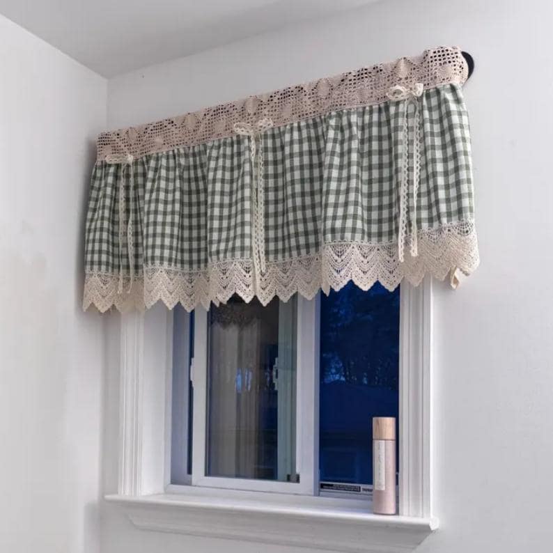 Green Gingham Crochet Cafe Curtains Valances with Lace, Farmhouse Country Kitchen Short Curtain, Cotton Linen Curtain, Custom Curtains Sizes image 5