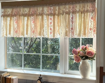 Rustic Shabby Chic Boho Window Curtain Valance, Light Pink Embroidery Rose Lace Valance, Farmhouse Country Kitchen Curtains, H-25inch (63cm)