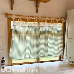 Green Gingham Cafe Curtains Valances, Farmhouse Country Kitchen Short Curtains, Tie Top Valance, Crochet Hollow Cafe Linen Valance, Gifts