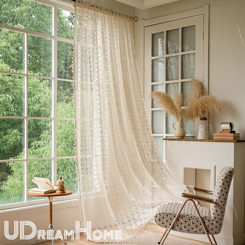 Boho Curtains, Farmhouse Kitchen Curtains, Crochet Splicing Hollow Curtains with Tassel, Lace Flower Curtains, Semi Blackout Window Curtains