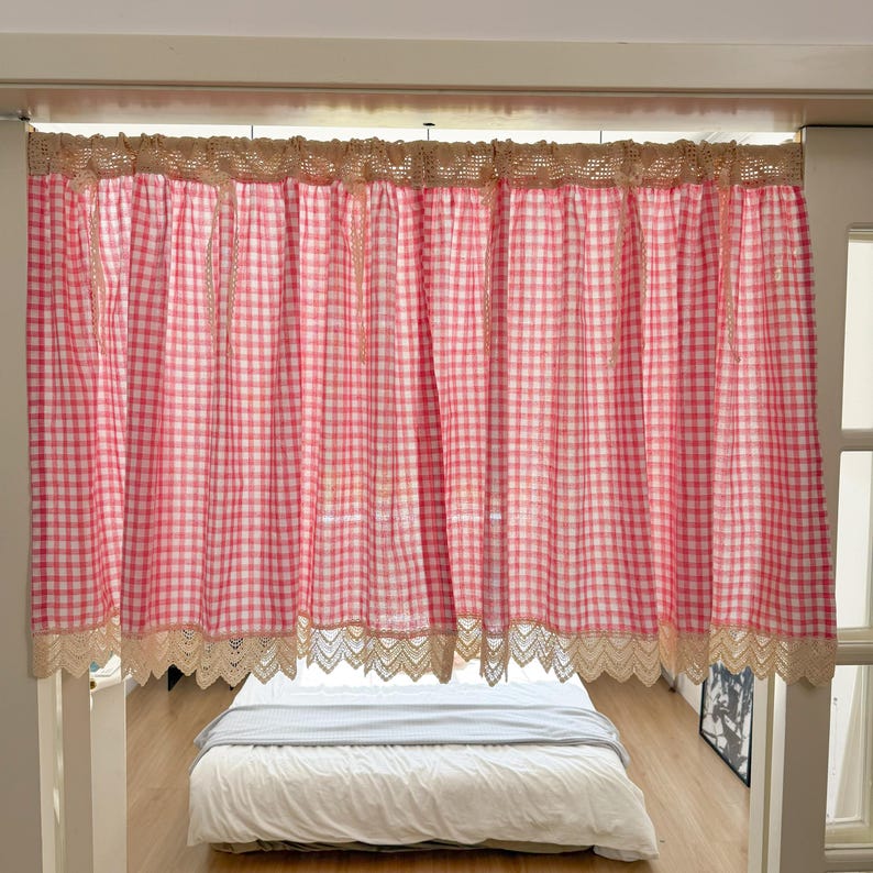 Green Gingham Crochet Cafe Curtains Valances with Lace, Farmhouse Country Kitchen Short Curtain, Cotton Linen Curtain, Custom Curtains Sizes image 13