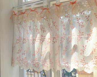 Custom Pink Embroidered Flowers Cafe Curtains, Shabby Chic French Country Style Decor with Ruffled Lace Tab Top Valance, H-25inch (65cm)