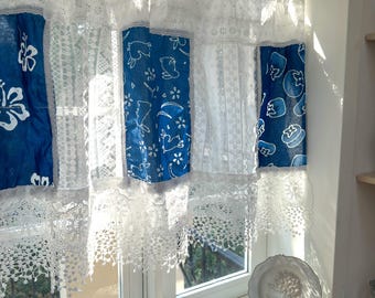 Handmade Tie-dye Blue White Embroidery Floral Lace Curtain Valance, Boho Hippie Curtain, Custom Room Decor Patchwork Curtains, H-27in(70cm)