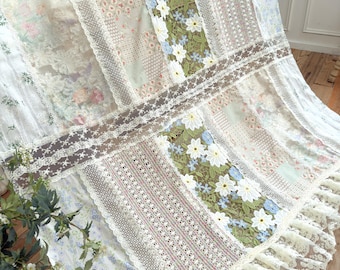 Romantic Green Embroidery Floral Vintage Patchwork Lace Curtain Valance, Flowers Backdrop Decor, Farmhouse Kitchen Curtain, Cafe Curtains