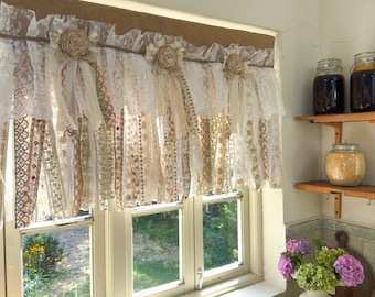 Custom Rustic Burlap Beige White Glod  Lace Valance, Boho Chic Vintage Kitchen Bedroom Decor, Shabby Chic Cafe Curtains, H-25in(63cm)