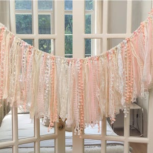 Shabby Chic Rustic Tie Lace Colorful Garland, Farmhouse Cottage Wedding Party Hanging Photo Backdrop,Baby Shower Decor,Birthday Lace Bunting