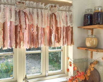 Rustic Unique Burlap Beige Brown Pink Lace Window Valance, New Farmhouse Country Kitchen Curtains, Shabby Chic Cafe Curtain, H-25inch (63cm)