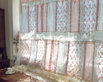 Mediterranean Chic Shabby Vintage Lace Fringed Curtain Valance, Light Pink Backdrop Decor,Embroidery Floral Patchwork Curtain,H-63in (160cm)