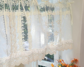 Cortina romántica de encaje patchwork Begie blanco marfil, cenefa de estilo francés shabby chic, cortina de cocina de estilo rústico, cortinas de café, altura 26 pulgadas (65 cm)