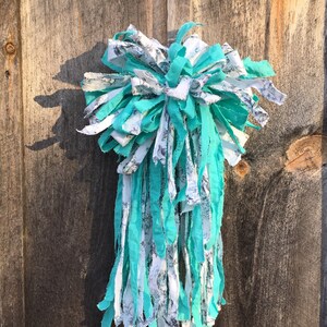 Rag bow, wreath accent, wreath adornment, shabby chic bow, bohemian bow, turquoise blue & white