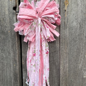 Rag bow, wreath accent, wreath adornment, shabby chic bow, bohemian bow, light pink and pink floral