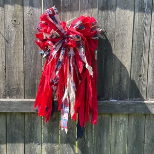 Patriotic Rag bow, wreath accent, wreath adornment, shabby chic bow, bohemian bow, red white and blue rag bow, Independence Day bow