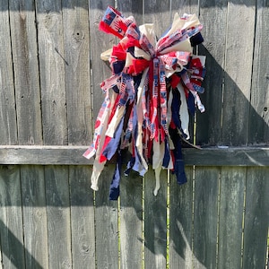 XL Patriotic Rag bow, wreath accent, wreath adornment, shabby chic bow, bohemian bow, red white and blue rag bow, Independence Day bow