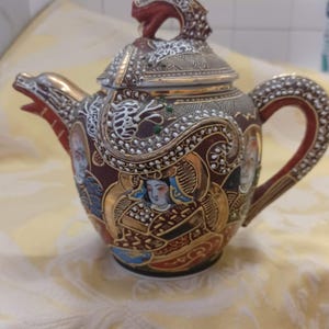 Vintage Japanese Tea Pot/ Dragon Ware/Kutani Moriage  1930s Japan Satsuma Kyoto Dragon Immortals Kannon Moriage Enamel Hand Painted