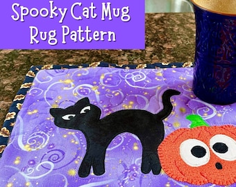 Spooky Cat Halloween Mug Rug Pattern: Fusible Applique (Digital Download)