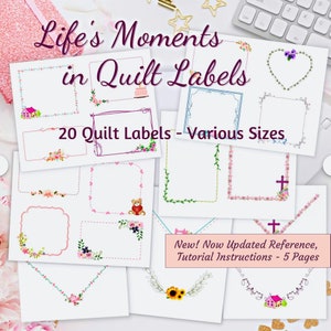 Life's Moments Quilt Labels are Printable to Fabric, a digital download Bundle - 6 Triangle Corner Labels - 14 Labels assorted sizes