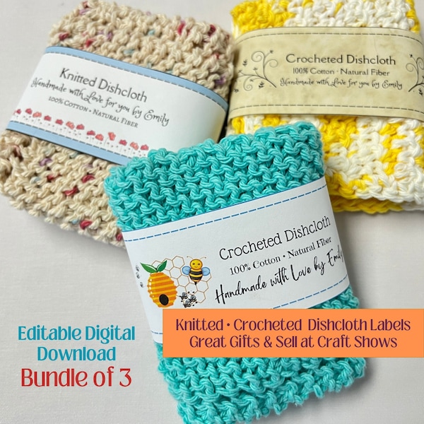 Crochet, Knitting Personalized Dishcloth Wrap Labels of Everyday Posies, Honeybees, Printable DIY DishCloth Label,  Edit in Free Canva