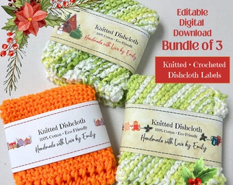 Christmas Dishcloth Wrap Labels: Crochet & Knitting, Editable Canva Template (Digital Download)