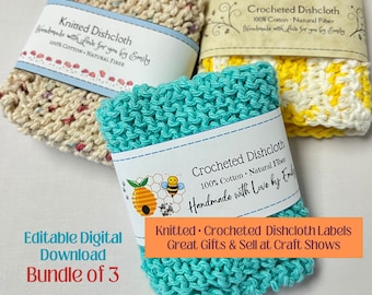 Dishcloth Wrap Labels: Crochet, Knitting, Honeybees (Printable DIY Canva Template)