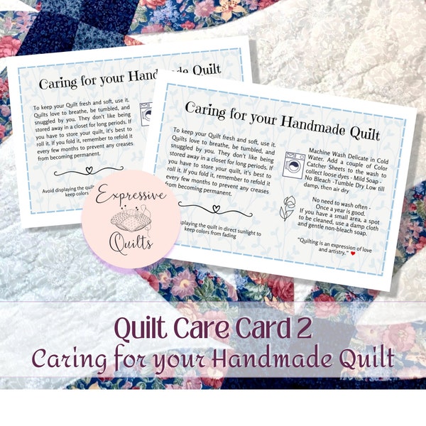 Quilt Care Cards - Care Instructions, Laundry Care - PDF 8.5x11" Instant Download