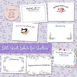 May include: A set of ten printable quilt labels featuring various designs and sayings. The labels include a sewing machine, flowers, and the text "Handmade with Love, Not Perfection", "Quilted with Love", "Handmade Especially for You", "Handmade by", "May this Quilt be an everlasting hug", and "One who sleeps under a quilt is Comforted by Love".