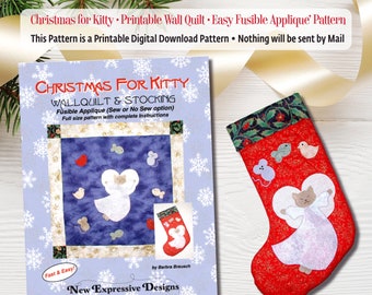 Christmas Kitty Quilt Pattern: Angel Cat & Stocking, Fusible Applique (Digital Download)