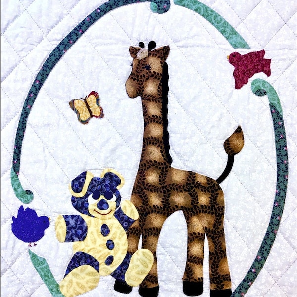 Baby Crib Quilt - Giraffe and teddy bear, adorable Printable Applique Pattern and also whole cloth pattern..