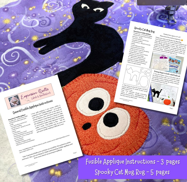 Puede incluir: Un conjunto de instrucciones para un proyecto de aplique de alfombra de taza de gato espeluznante. Las instrucciones incluyen un gato negro, una calabaza y una taza. Las instrucciones se titulan "Spooky Cat Mug Rug" y "Fusible Applique Instructions".