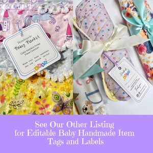 May include: Three handmade baby blankets with different patterns. The blankets are made of soft, colorful fabrics and are perfect for cuddling. The blankets are tied with ribbons and have tags that say "Handmade Baby Blanket" and include care instructions.