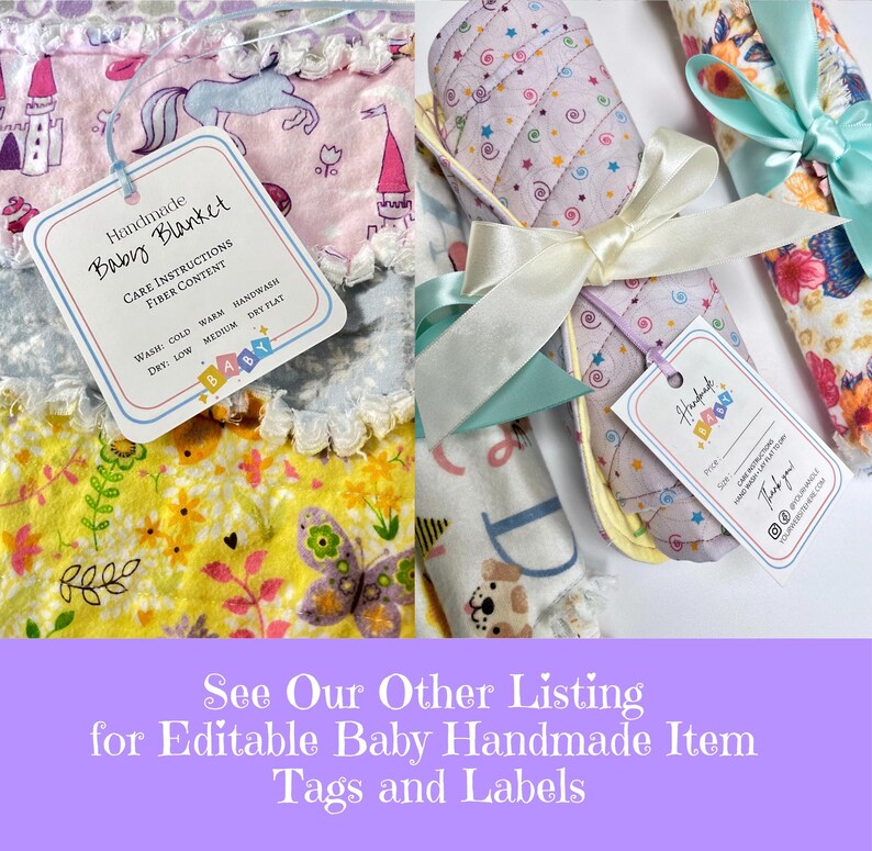 May include: Three handmade baby blankets with different patterns. The blankets are made of soft, colorful fabrics and are perfect for cuddling. The blankets are tied with ribbons and have tags that say "Handmade Baby Blanket" and include care instructions.