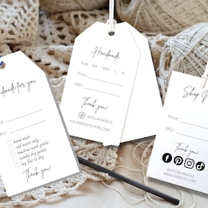 Etiquetas de itens editáveis personalizadas para feiras de artesanato, etiqueta de preço, cuidados com a lavanderia, branding - 3 designs de etiqueta para boutiques, etc. Editáveis no Canva grátis
