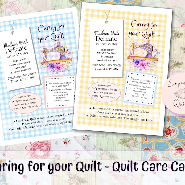 Quilt Care Instructions Cards, Laundry Care instructions - Blue & Yellow - PDF 8.5x11" Instant Download