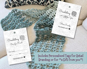 Easy Lace Crochet Scarf Pattern with Personalized Tags (PDF)